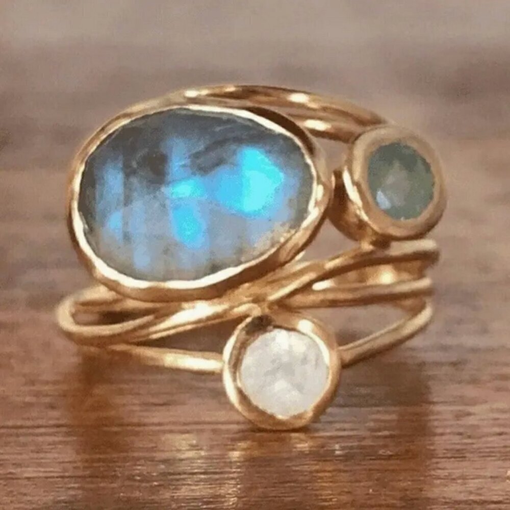 Turquoise Synthetic Three-Stone Ring, Gold Plated, Wide Statement Ring
